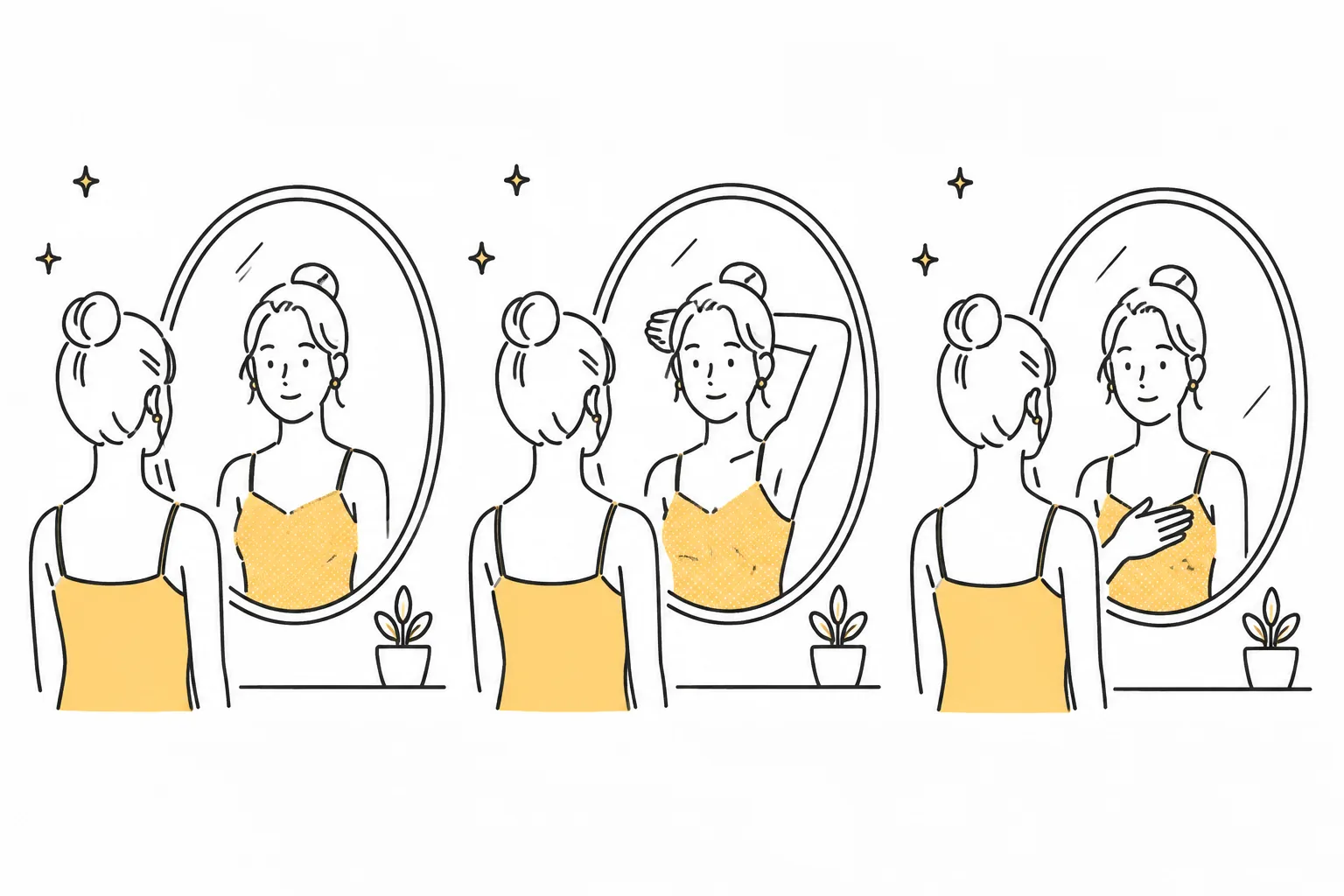 鏡の前で乳房の見た目を確認し、立った姿勢で触れるセルフチェック